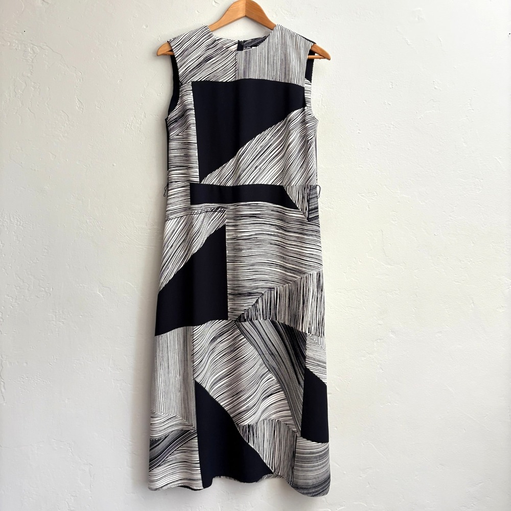LK Bennett Esme Dress Sz 8 Black White Geometric Maxi Sleeveless Flaw No Belt